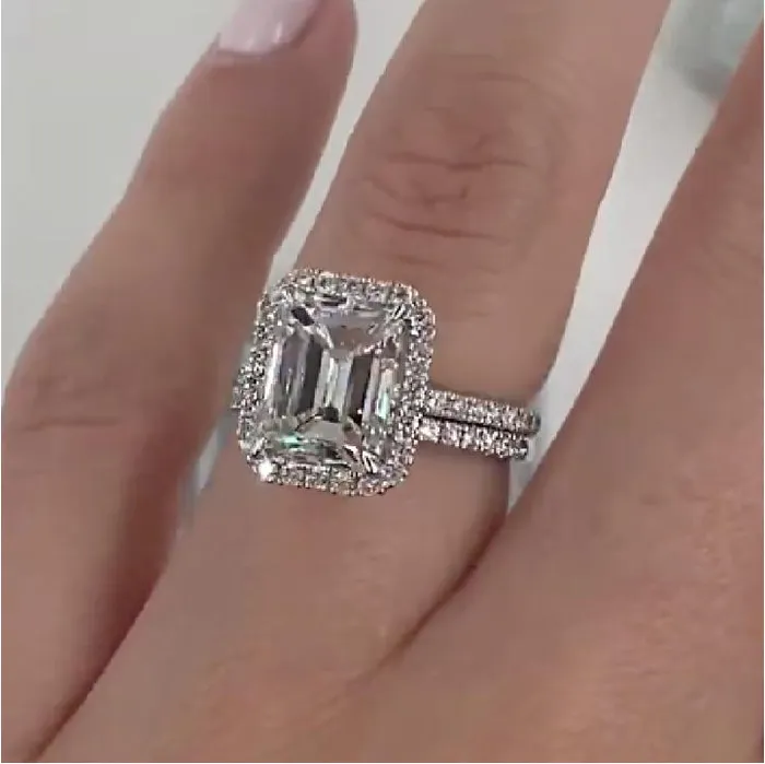 shineofdiamond Rings Halo Emerald Cut Sterling Silver Bridal Set with Side Stone Band