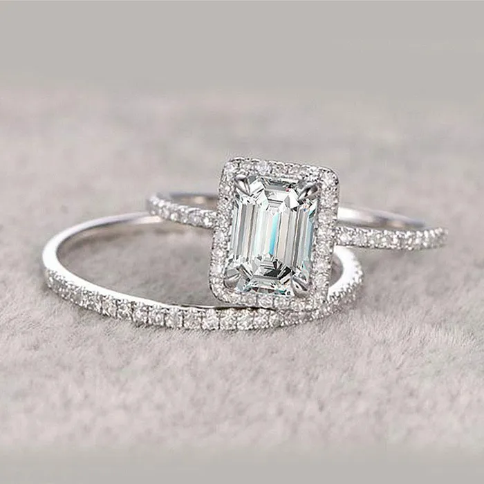 shineofdiamond Rings Halo Emerald Cut Sterling Silver Bridal Set with Side Stone Band