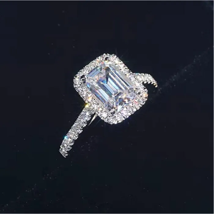 shineofdiamond Rings Halo Emerald Cut Sterling Silver Bridal Set with Side Stone Band