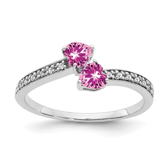 14k White Gold Created Pink Sapphire and Real Diamond 2stone Heart Ring Goldia Rings