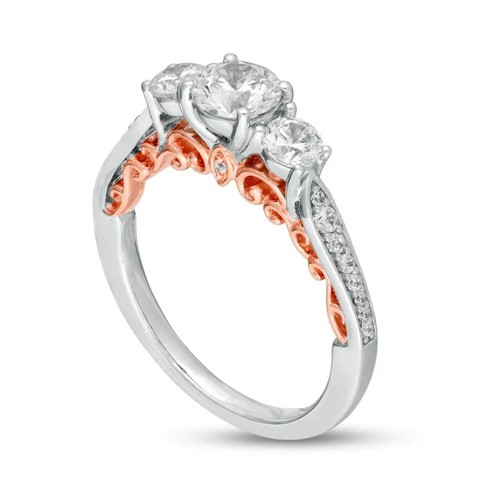 Goldia 125 CT TW Natural Diamond Three Stone Filigree Engagement Ring in Solid 14K TwoTone Gold Rings