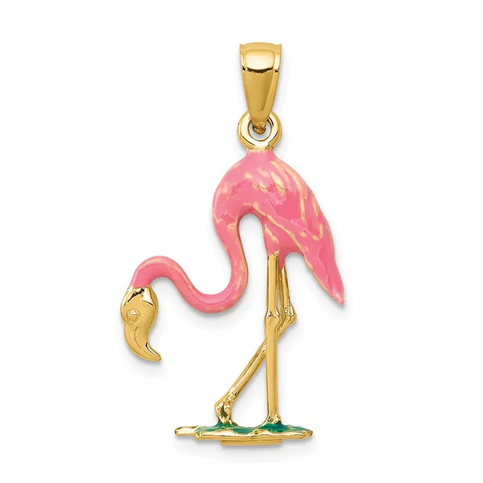 Goldia 14k Yellow Gold Enameled 3D Pink Flamingo Pendant Necklaces