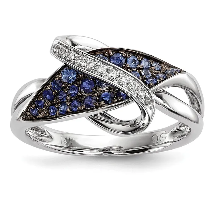 Goldiacom Rings 14k White Gold Real Diamond and Blue Sapphire Ring