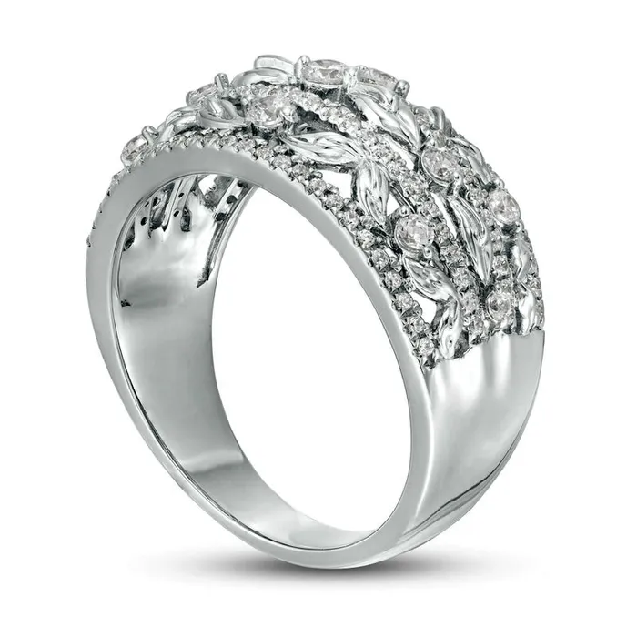 Goldia Rings 063 CT TW Natural Diamond Flower Petals Three Row Ring in Solid 10K White Gold Goldia Rings 063 CT TW Natural Diamond Flower Petals Three Row Ring in Solid 10K White Gold