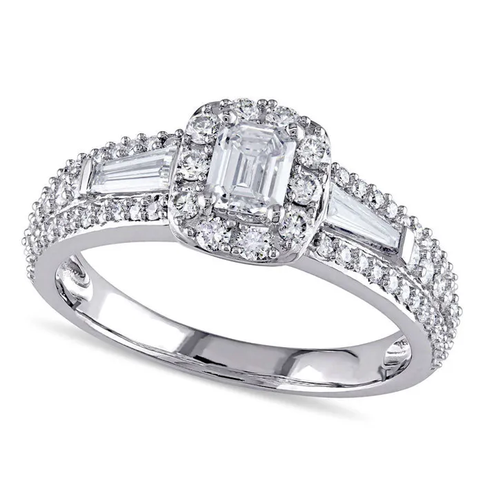 Goldia Rings 10 CT TW EmeraldCut Natural Diamond Frame Engagement Ring in Solid 14K White Gold