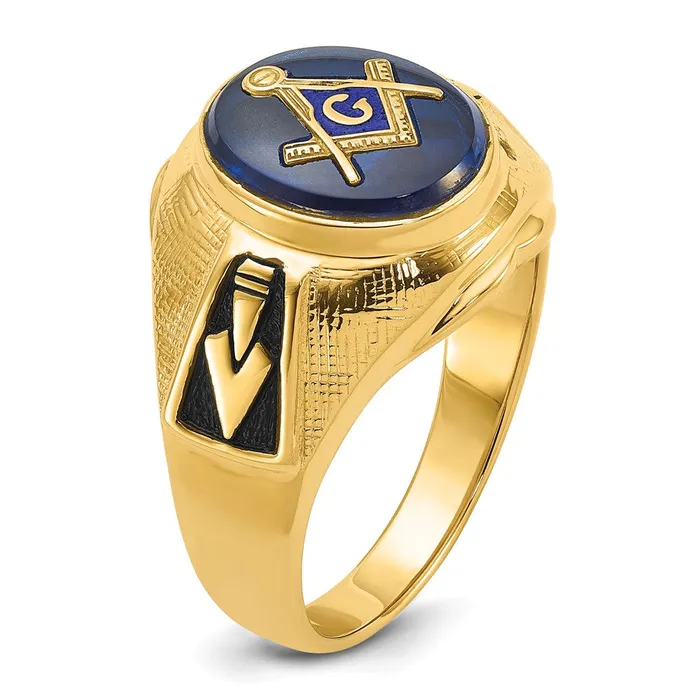 Goldia Rings 14k Yellow Gold Mens Polished Antiqued and Textured with Synthetic Blue Spinel Masonic Ring