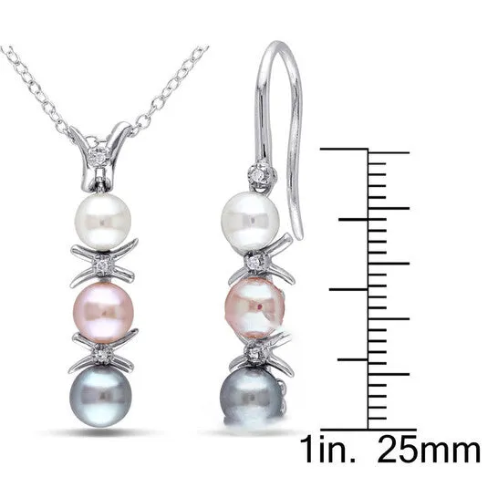 JMS always Earrings Original AMOUR 2pc Set Of Dyed Grey Pink and White Cultured Freshwater Pearl and Diamond Drop Earrings and Pendant with Chain In Sterling Silver JMS always Earrings Original AMOUR 2pc Set Of Dyed Grey Pink and White Cultured Freshwater Pearl and Diamond Drop Earrings and Pendant with Chain In Sterling Silver