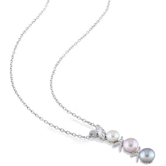 JMS always Earrings Original AMOUR 2pc Set Of Dyed Grey Pink and White Cultured Freshwater Pearl and Diamond Drop Earrings and Pendant with Chain In Sterling Silver JMS always Earrings Original AMOUR 2pc Set Of Dyed Grey Pink and White Cultured Freshwater Pearl and Diamond Drop Earrings and Pendant with Chain In Sterling Silver