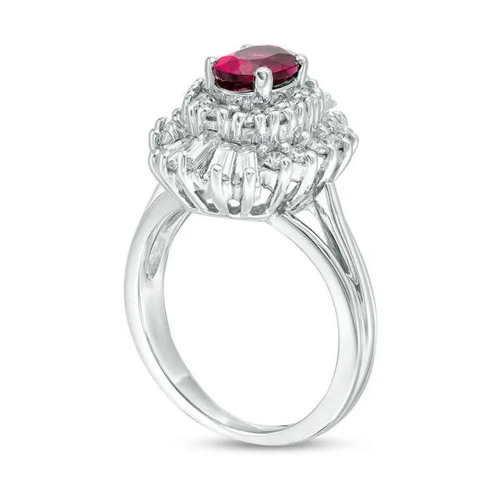 Oval Rubellite Tourmaline and 088 CT TW Natural Diamond Double Sunburst Frame Split Shank Ring in Solid 14K White Gold Goldia Rings Oval Rubellite Tourmaline and 088 CT TW Natural Diamond Double Sunburst Frame Split Shank Ring in Solid 14K White Gold Goldia Rings